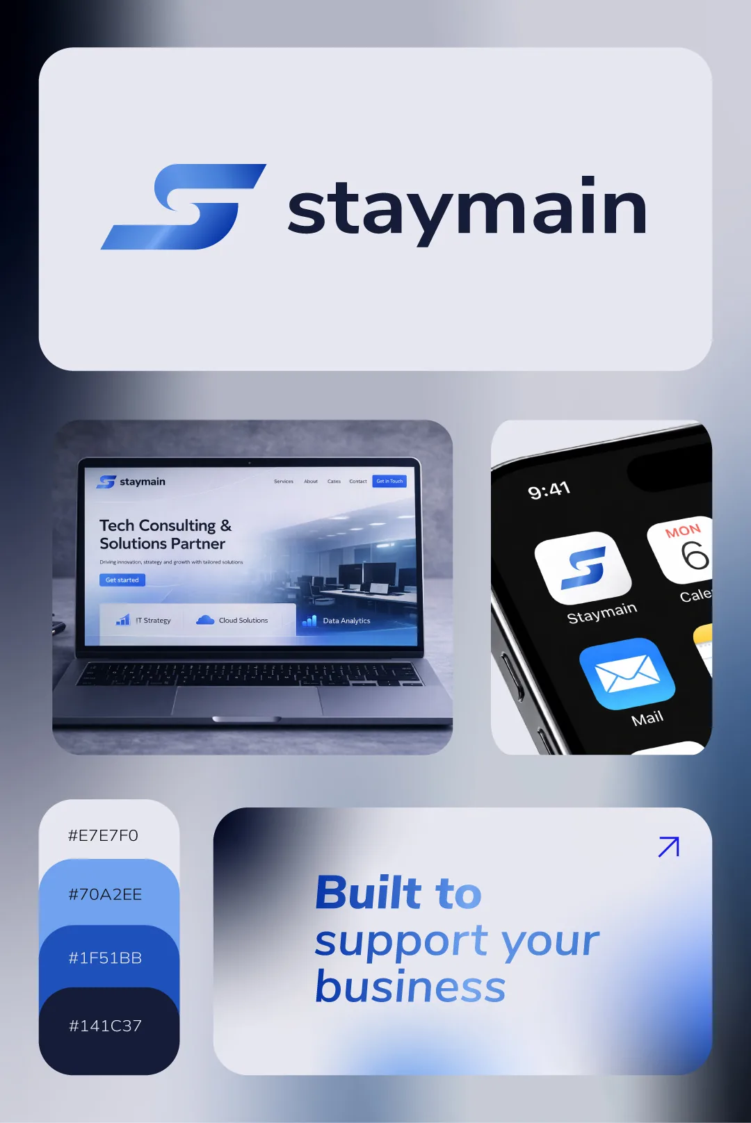 Staymain-logoet vist i mockups på skærm og skilte
